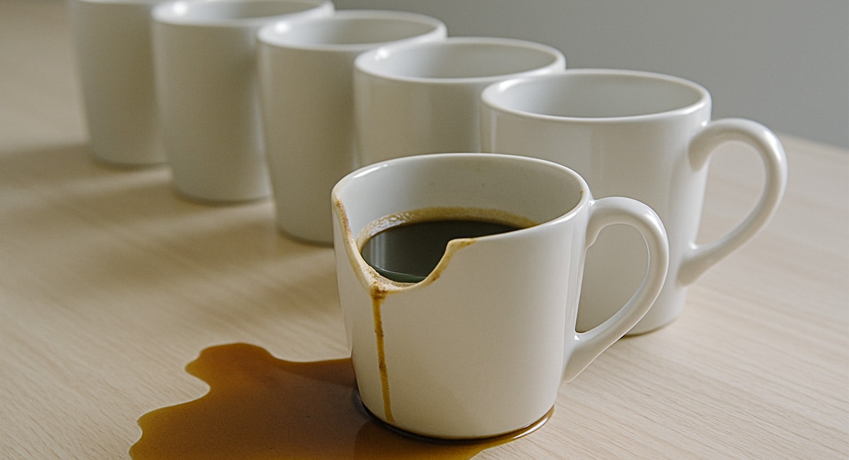 une tasse à café cassée et qui déborde qui représente le burn-out en entreprise